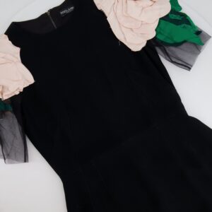 Dolce & Gabbana Black Mini Dress with Mesh Short Sleeves and Floral Shoulder Details Size IT 42 (UK 10)