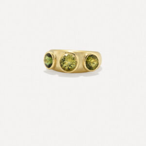 One of a Kind Round Three Stone Gemmy Puffed Gold Ring