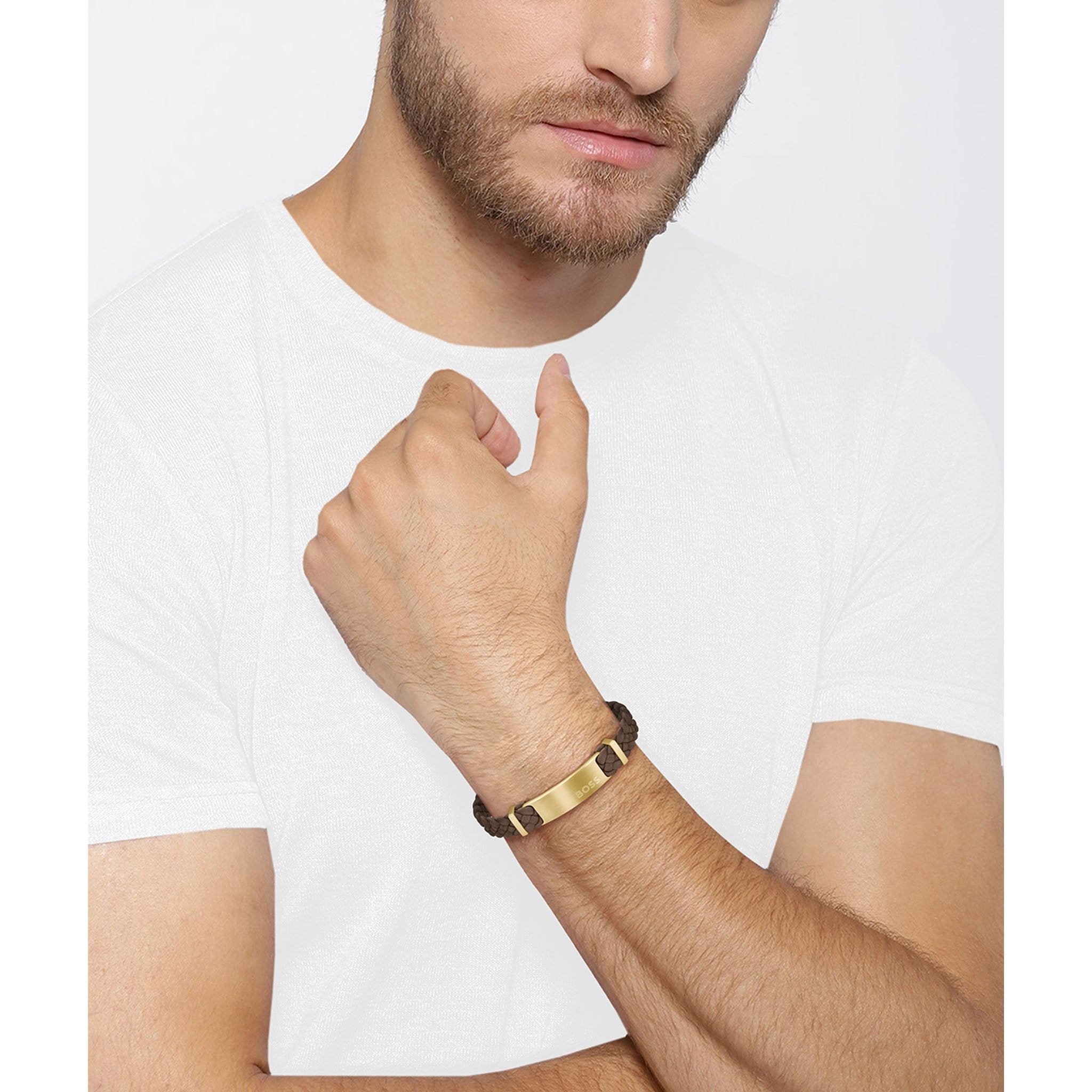 Hugo Boss Jewellery Gold Steel & Brown Leather Men's Bracelet - 1580607M - Image 3