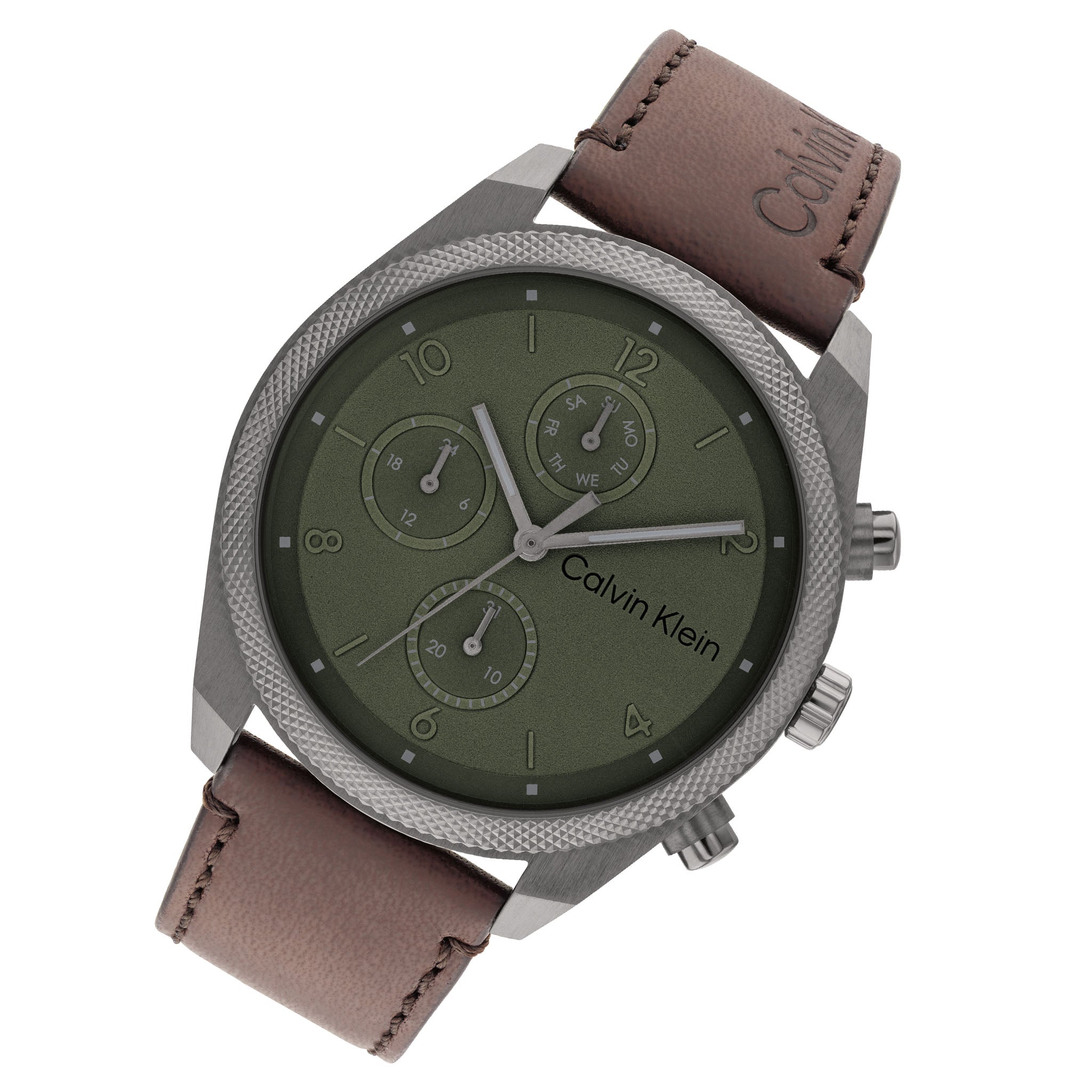 Calvin Klein Dark Brown Leather Green Dial Multi-function Men's Watch - 25200363 - Image 2