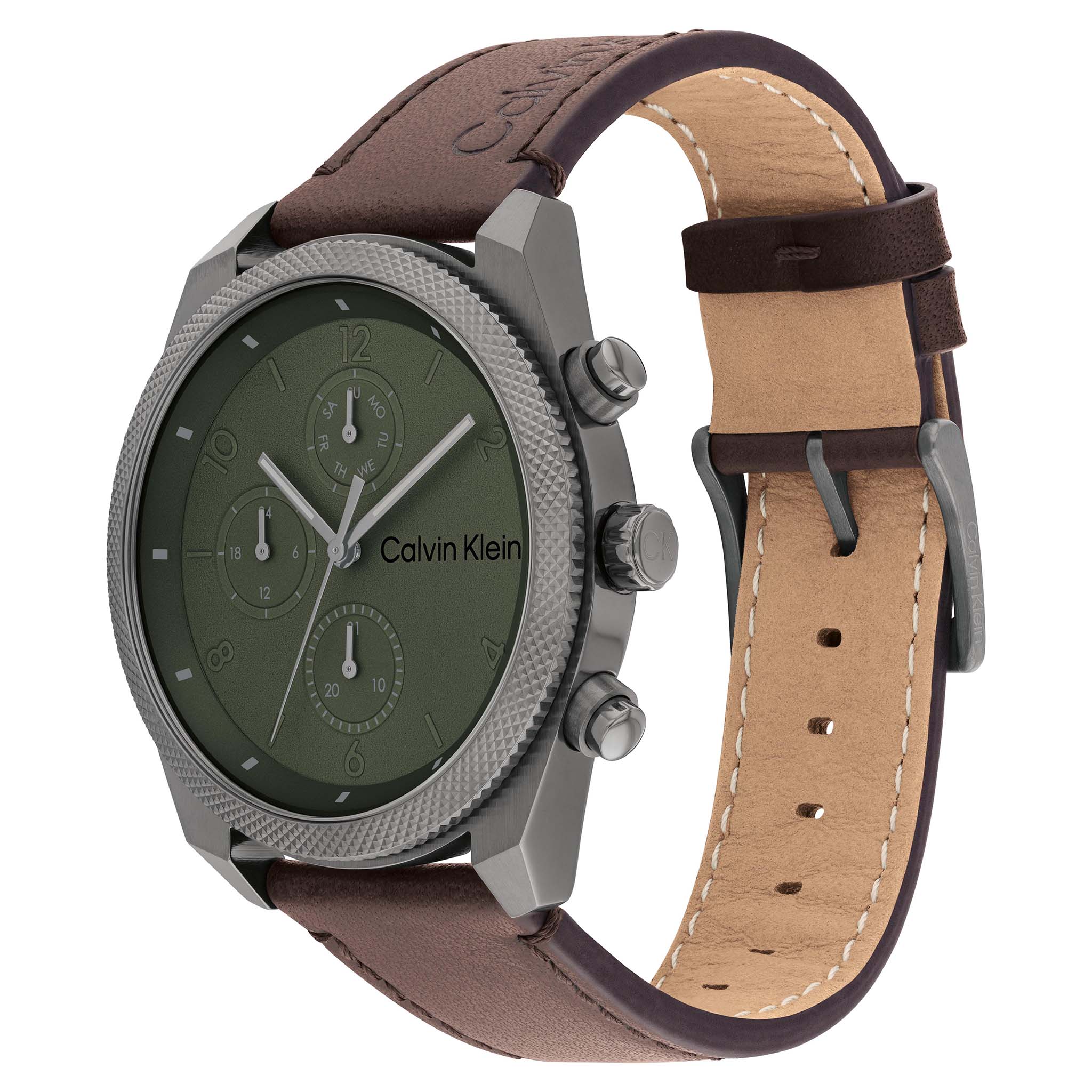 Calvin Klein Dark Brown Leather Green Dial Multi-function Men's Watch - 25200363 - Image 3
