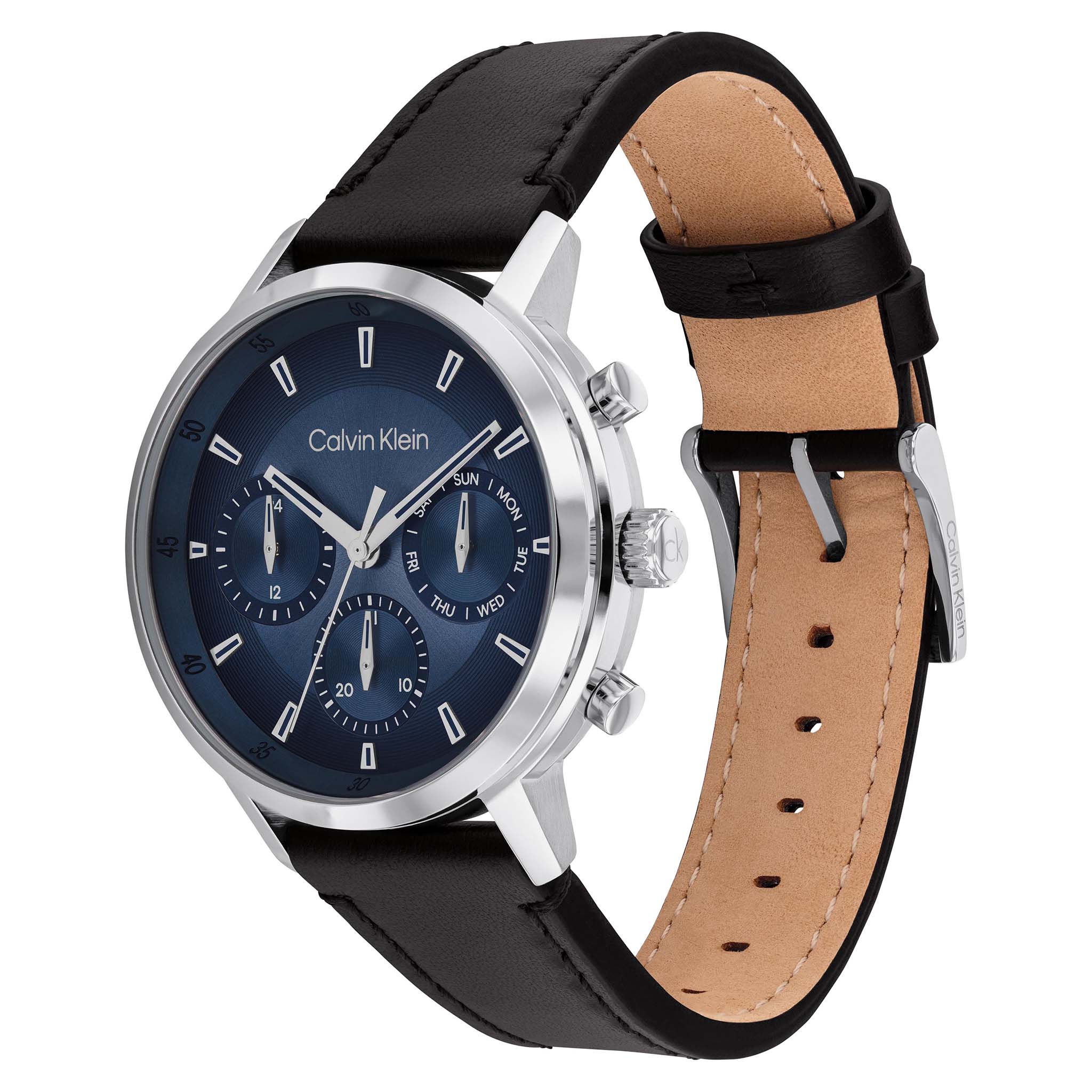 Calvin Klein Black Leather Blue Dial Multi-function Men's Watch - 25200497 - Image 3