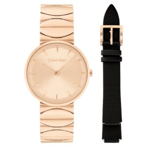 Calvin Klein Rose Gold Steel with Black Leather Carnation Gold Dial Women's Gift Set Watch - 25700001