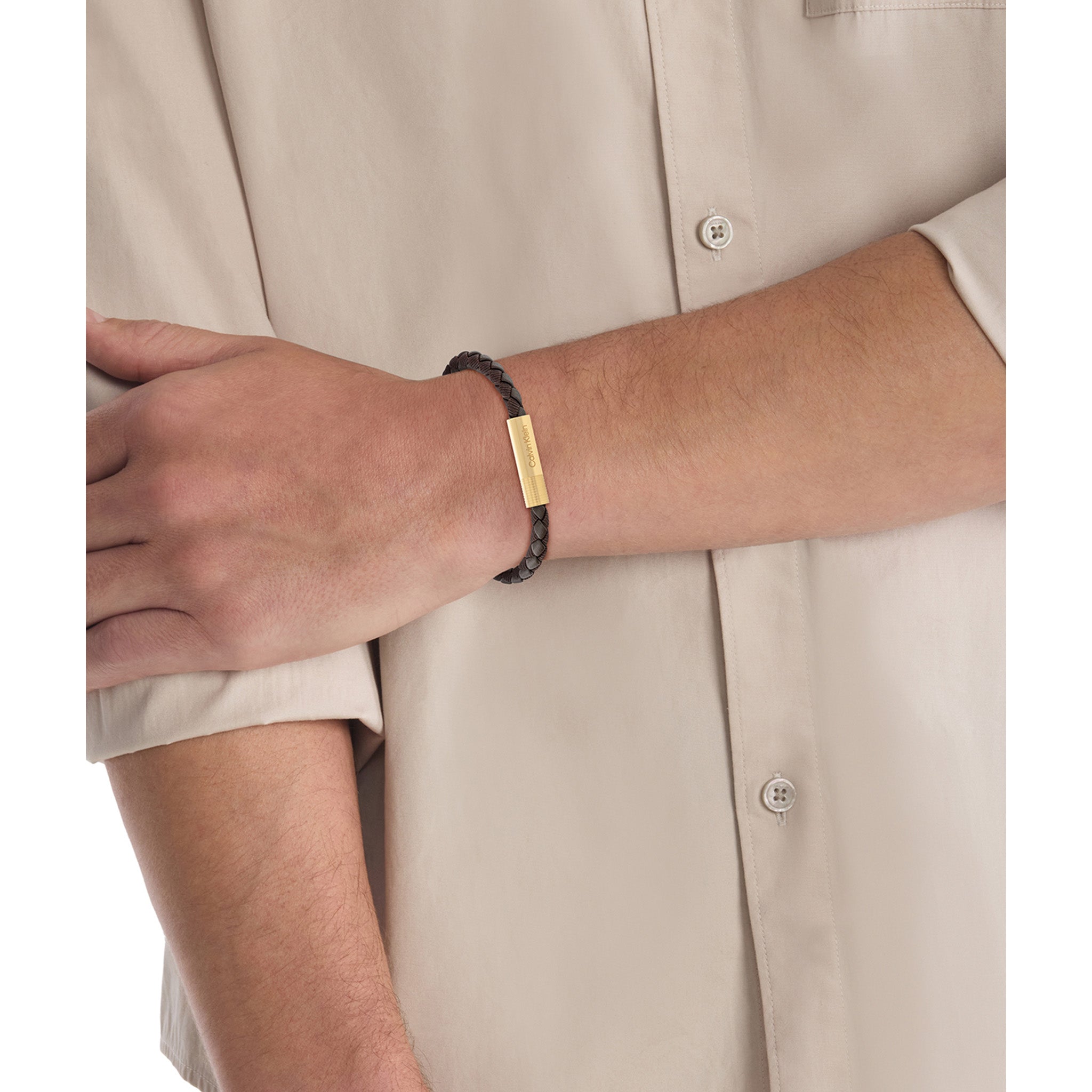 Calvin Klein Jewellery Gold Steel & Brown Men's Leather Bracelet - 35100027 - Image 4