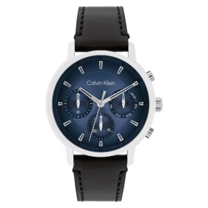 Calvin Klein Black Leather Blue Dial Multi-function Men's Watch - 25200497