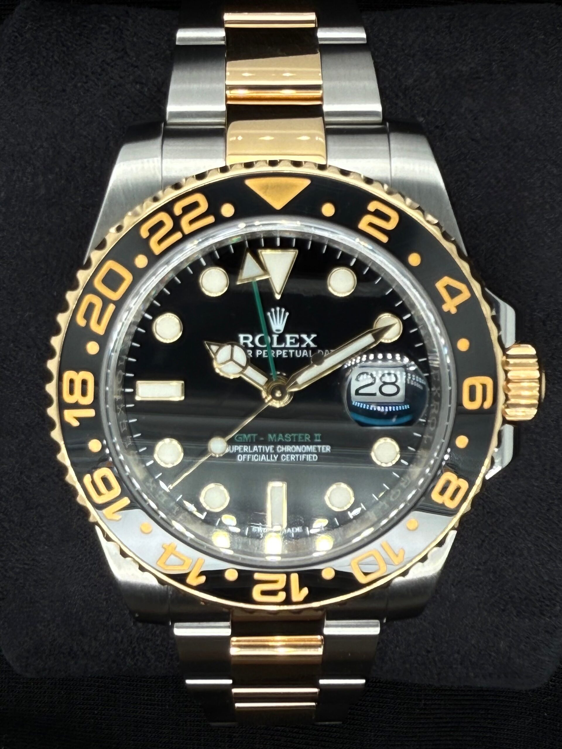 Rolex GMT-Master II Two Tone Yellow Gold Black Dial Green Arrow Hand 116713LN | 2016 | 40mm