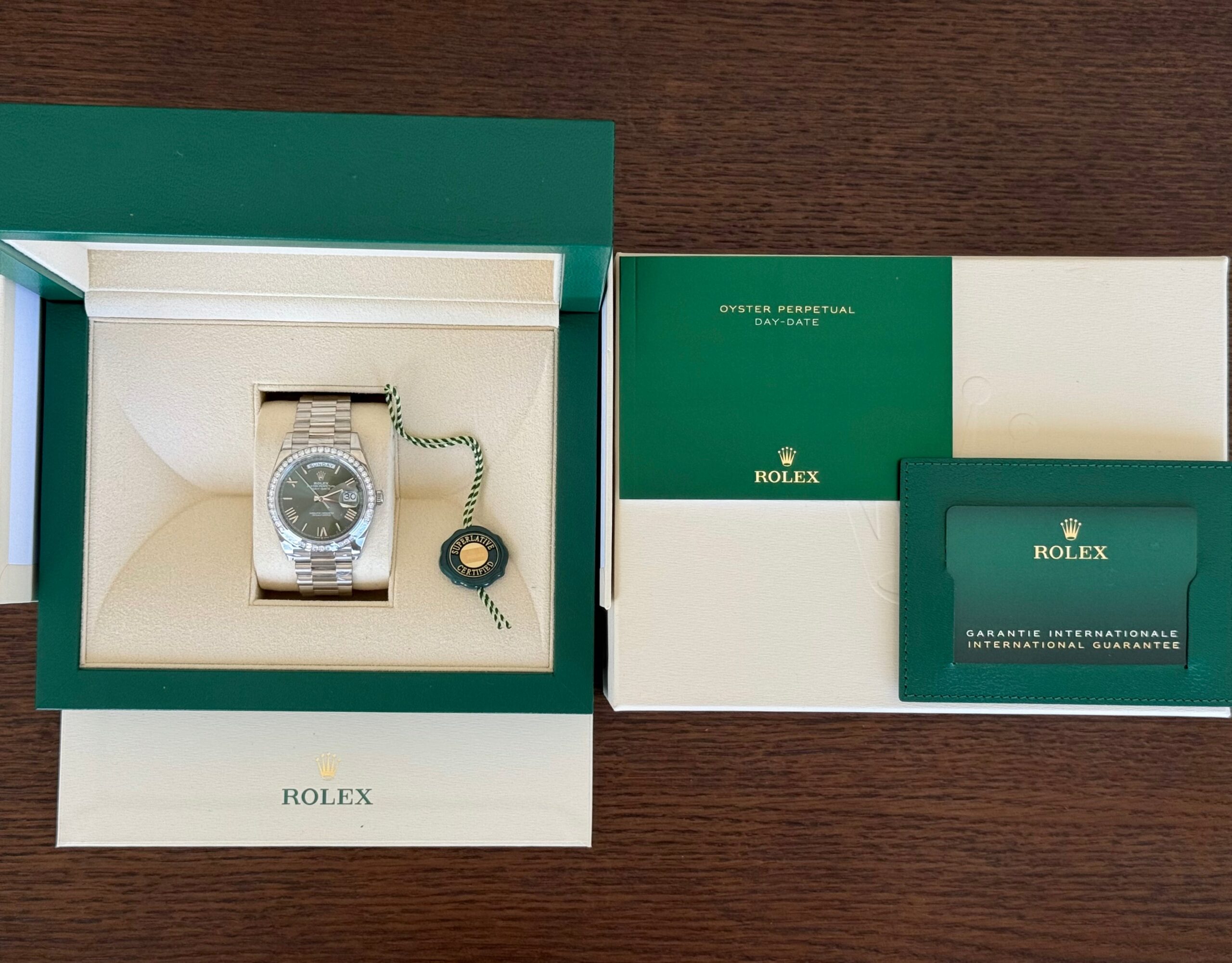 Rolex Day-Date 40 Olive Green Roman Dial with Factory Set Diamond Bezel 228349RBR | 2022 | 40mm - Image 7