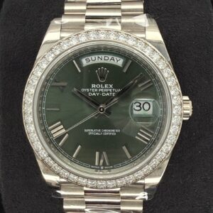 Rolex Day-Date 40 Olive Green Roman Dial with Factory Set Diamond Bezel 228349RBR | 2022 | 40mm