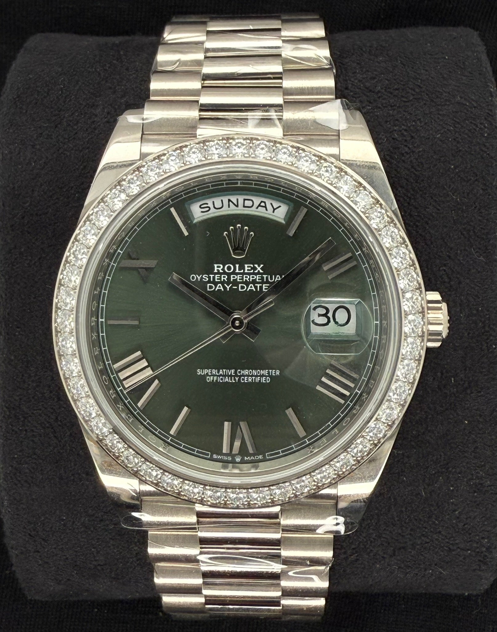 Rolex Day-Date 40 Olive Green Roman Dial with Factory Set Diamond Bezel 228349RBR | 2022 | 40mm