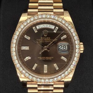 Rolex Day-Date 40 Everose Gold Chocolate Diamond Baguette Dial with Factory Diamond Bezel 228345RBR | 2017 | 40mm