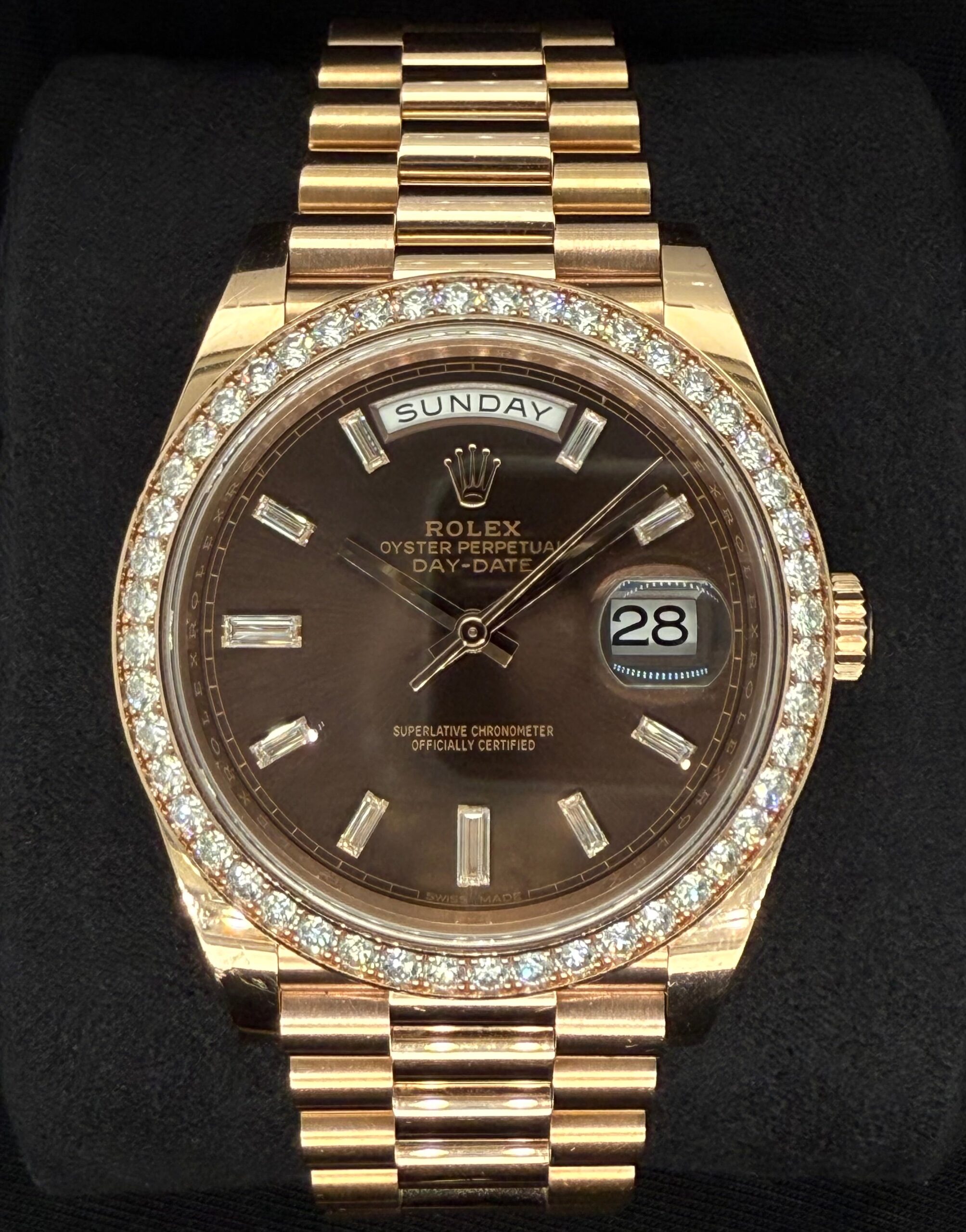 Rolex Day-Date 40 Everose Gold Chocolate Diamond Baguette Dial with Factory Diamond Bezel 228345RBR | 2017 | 40mm