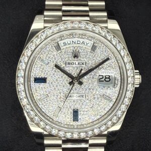 Rolex Day-Date 40 White Gold with Factory Set Diamond Pavé Dial with Baguette Diamonds and Sapphires and Diamond-Set Bezel 228349RBR | 2023 | 40mm