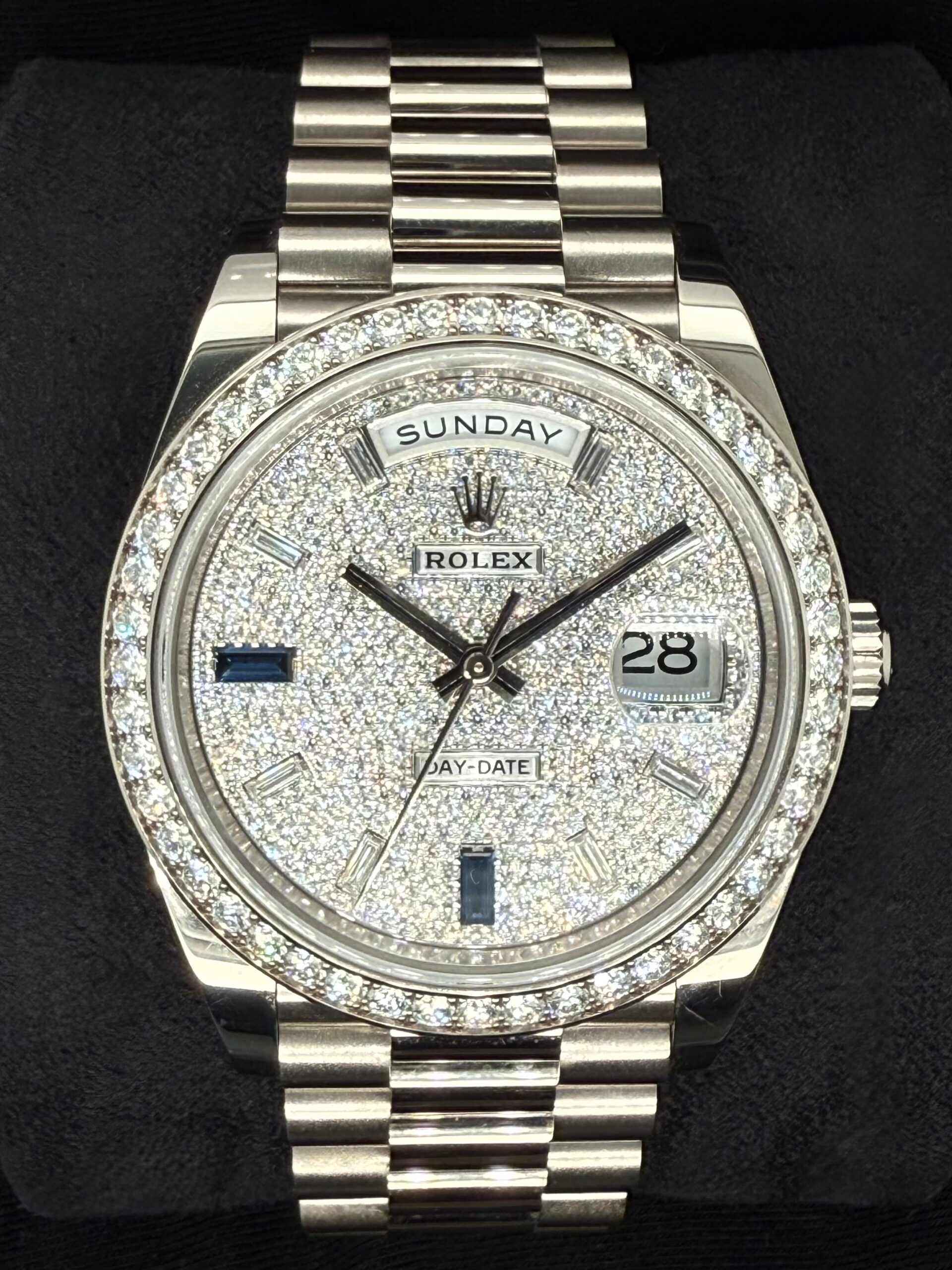 Rolex Day-Date 40 White Gold with Factory Set Diamond Pavé Dial with Baguette Diamonds and Sapphires and Diamond-Set Bezel 228349RBR | 2023 | 40mm