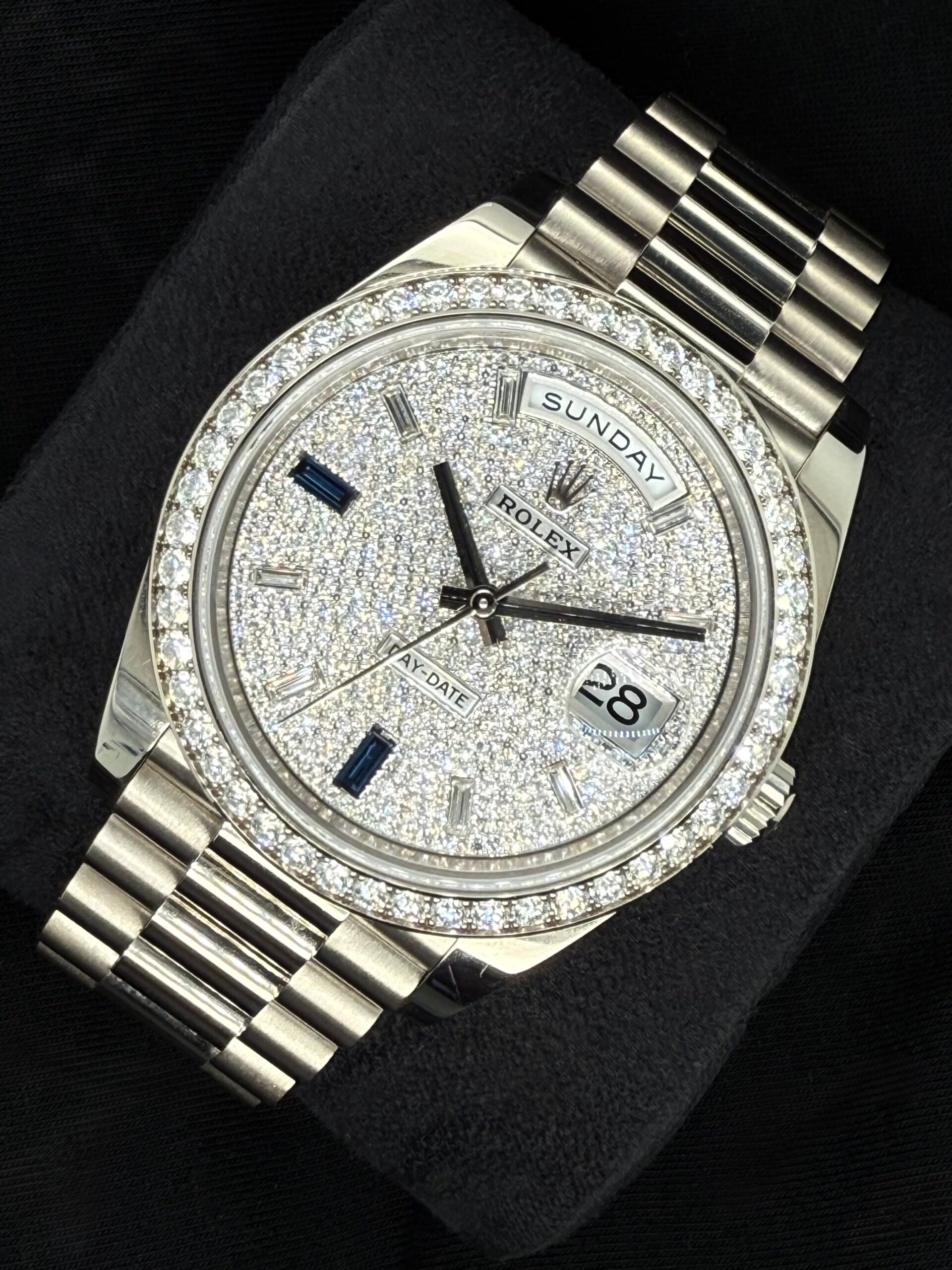 Rolex Day-Date 40 White Gold with Factory Set Diamond Pavé Dial with Baguette Diamonds and Sapphires and Diamond-Set Bezel 228349RBR | 2023 | 40mm - Image 3