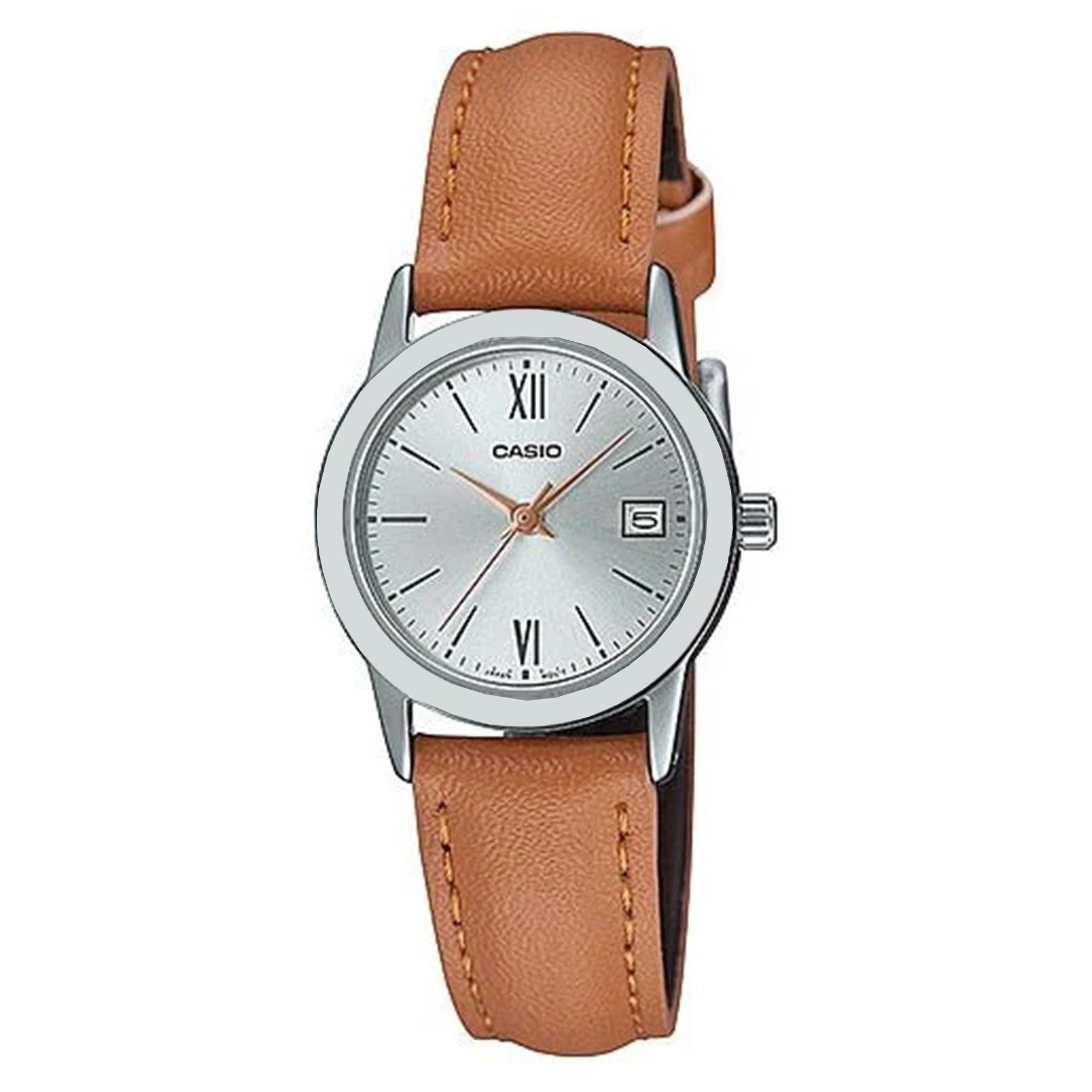Casio Brown Leather Silver Dial Women's Watch - LTPV002L-7B3